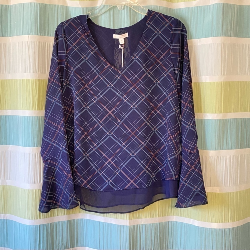 LC Lauren Conrad Bell Sleeve Blouse NWT Blue Plaid Lace Small - Picture 11 of 11